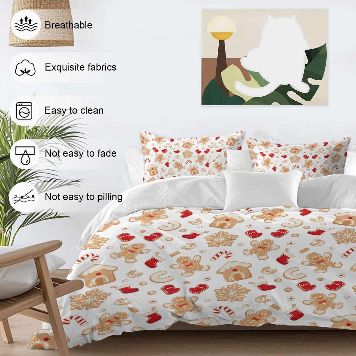Christmas Gingerbread Man Bedding Duvet Cover Set Twin Size 4 Pieces Winter Snowflake Food White Bedding Set with Zipper Closure, 1 Comforter Cover 68x90 Inches 1 Flat Sheet & 2 Pillow Cases