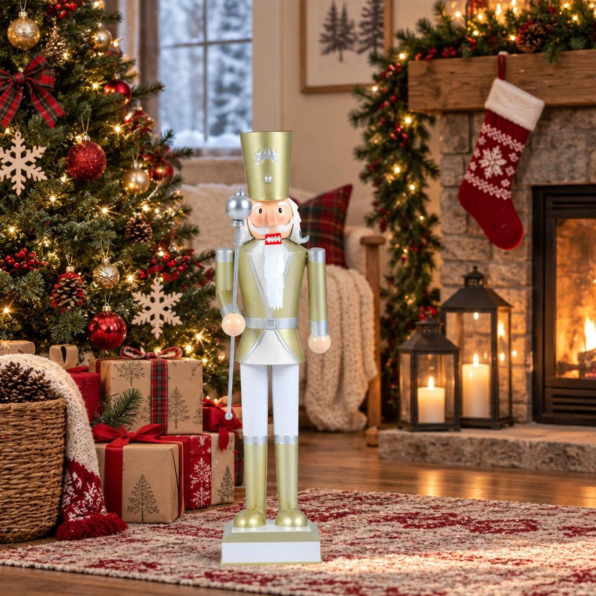 Airfind 32.5 Inch Christmas Nutcracker with High Hat and Beautiful Scepter-White & Golden, Metal Frame, 7.5" x 7.5" x 32.5" Footprint, White