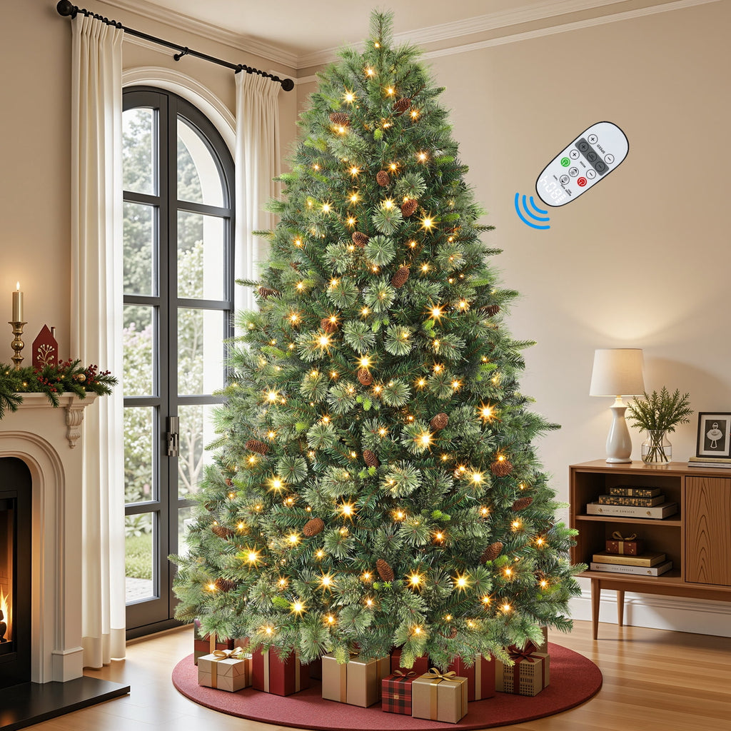 Lolsea 5.5ft Prelit PE Pine Artificial Christmas Tree with Lifelike Needles & Pine Cones, Remote Control, Warm White & Multi‑Color LED Lights