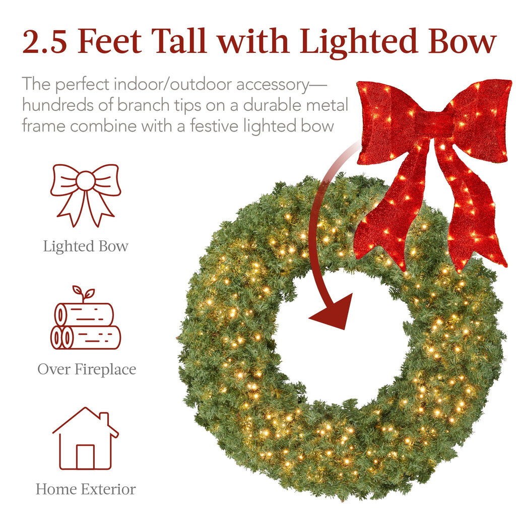 Best Choice Products 48in Artificial Pre-Lit Fir Christmas Wreath Decor w/ Red Bow, 250 LED Lights, 714 Tips, Plug-In