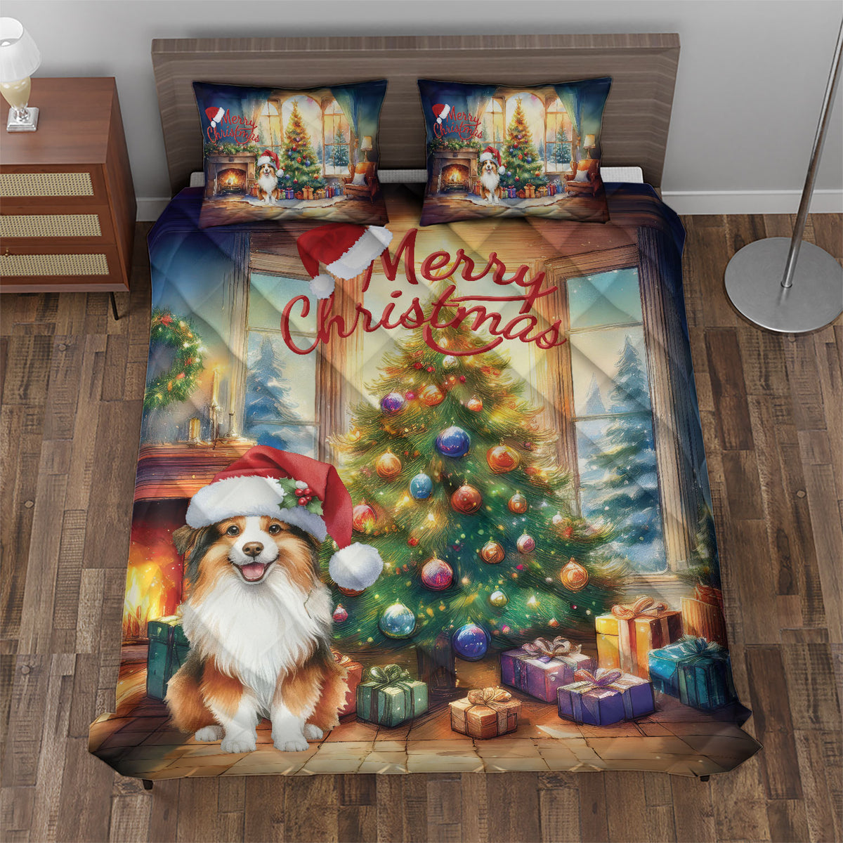 Merry Christmas French Bulldog Santa Hat Xmas Tree Winter Holiday Quilt Bedding Set Dog Lover Gifts 1 Blanket Bed Cover 2 Pillowcases - 01013