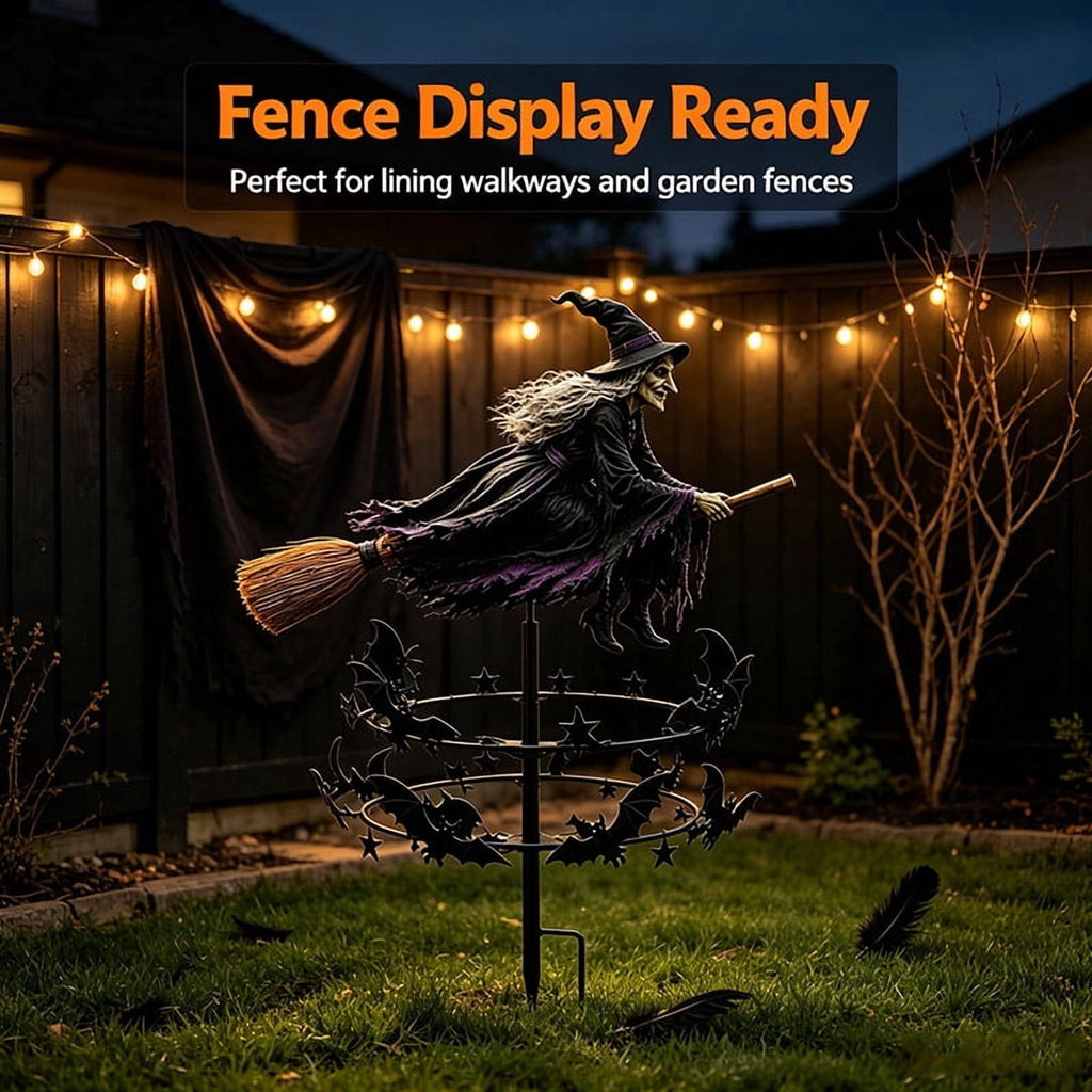 The Enchanted Witch Garden Wind Spinner, Flying Witch on Broom Metal Stake with Bat & Star Ornaments, Weatherproof Yard Outdoor Lawn Patio Pathway Fall Halloween Garden Decor