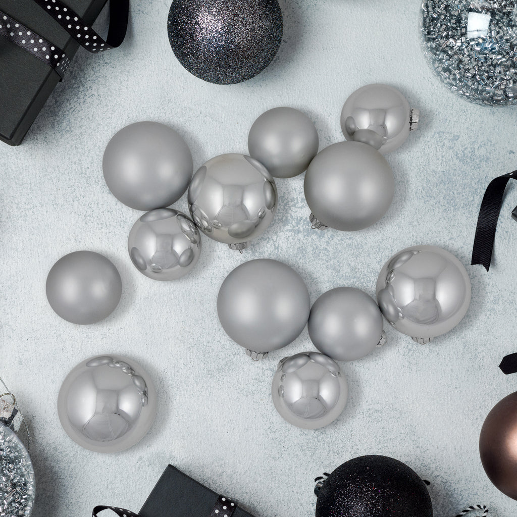 Northlight 2-Finish Christmas Glass Ball Ornaments - 4" & 3.25"- Silver - 72ct