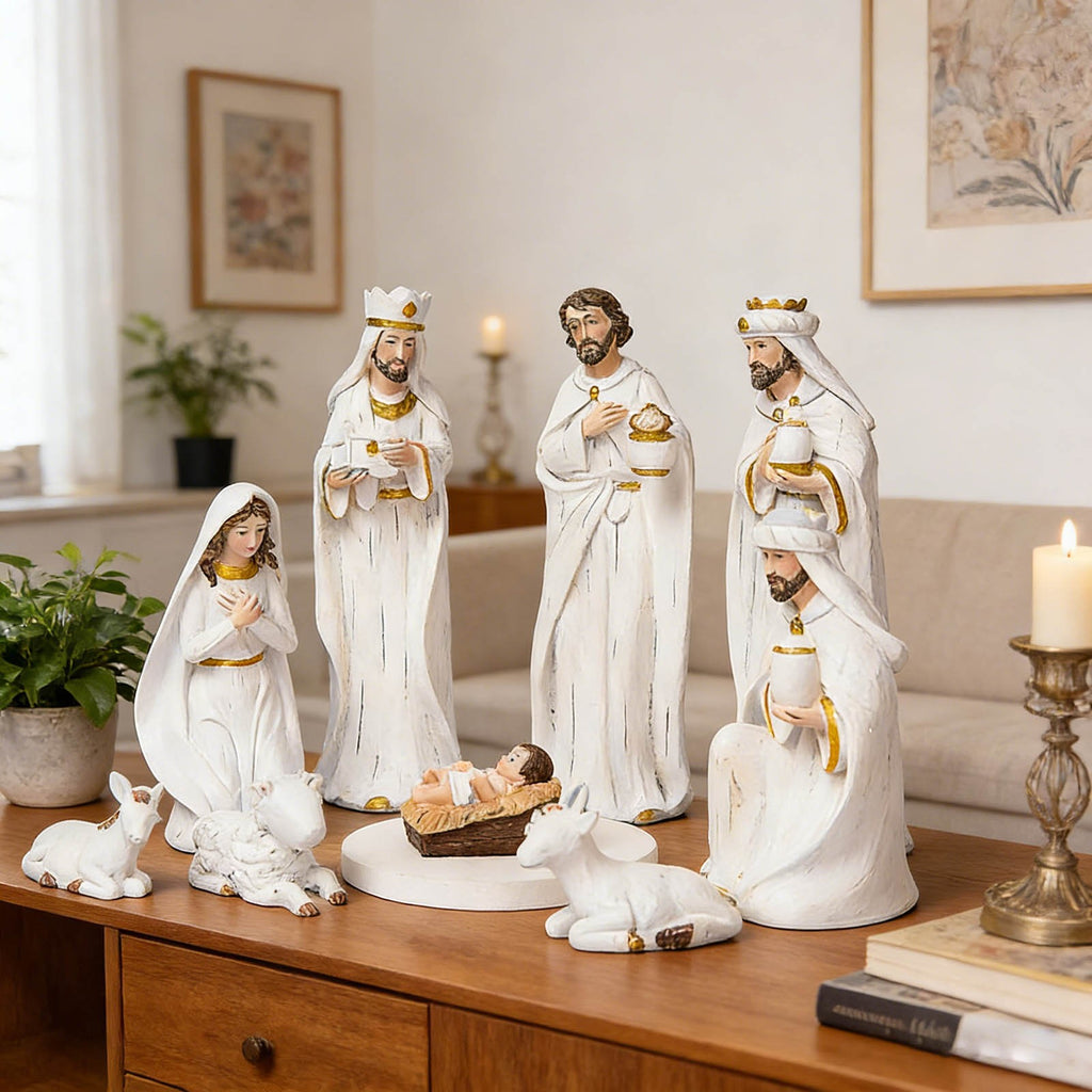 Easter Nativity Set 9-Piece Indoor, Hand-Painted Nativity Scene Decoration 7.5 Inch, Holiday Nativity Sets for Easter and Christmas, Traditional Nativity Scene with Hand-Painted Details