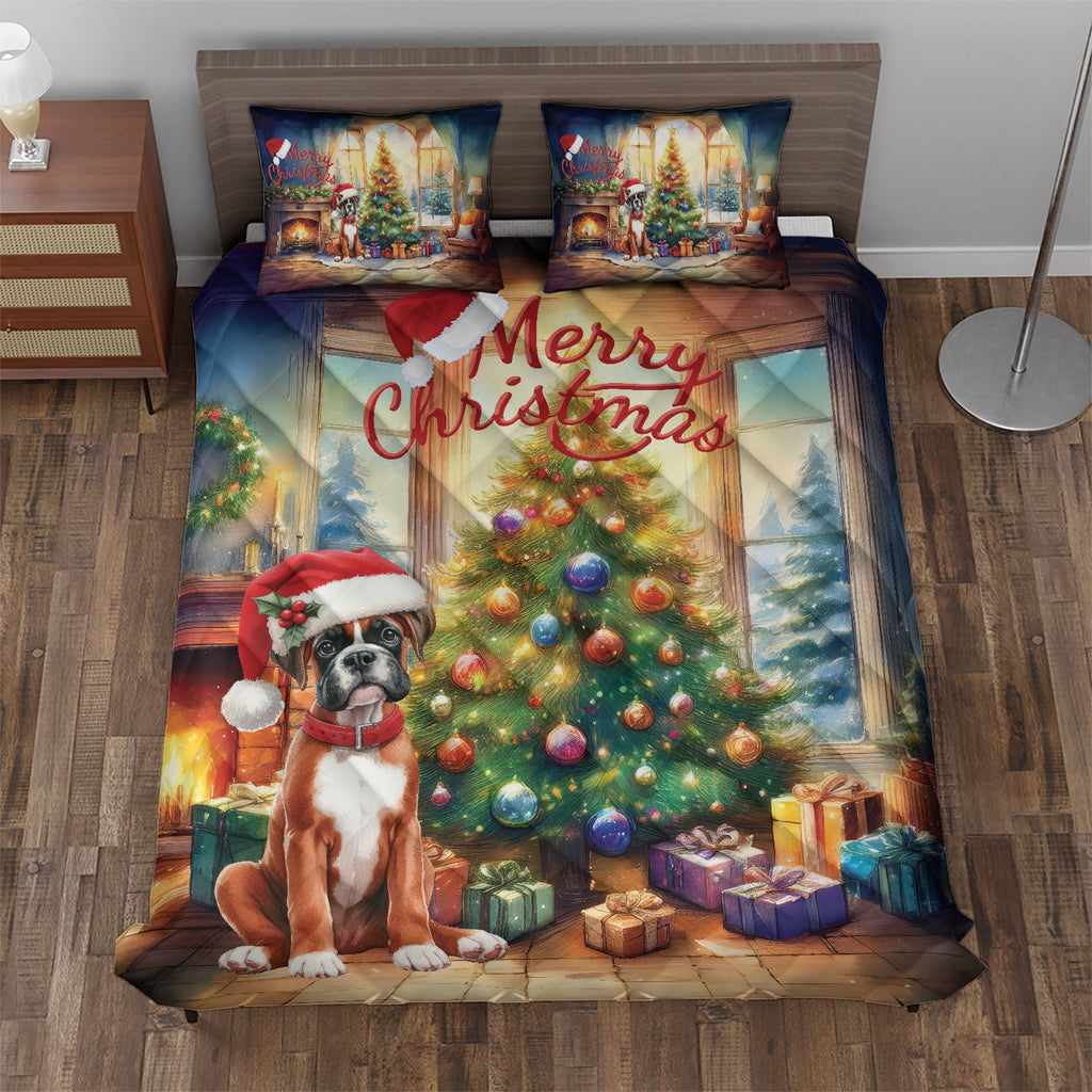Merry Christmas French Bulldog Santa Hat Xmas Tree Winter Holiday Quilt Bedding Set Dog Lover Gifts 1 Blanket Bed Cover 2 Pillowcases - 01013