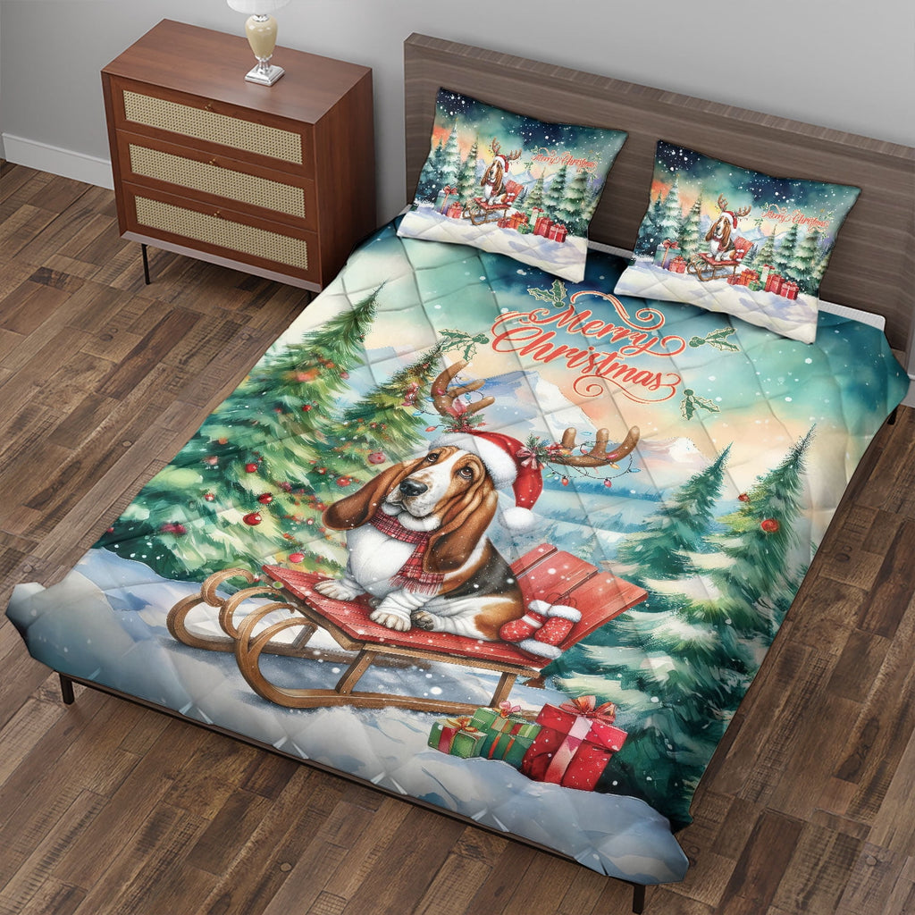 Merry Christmas Santa Reindeer Antlers French Bulldog Sleigh Xmas Winter Holiday Quilt Bedding Set Dog Lover Gifts 1 Blanket Bed Cover 2 Pillowcases - 00023