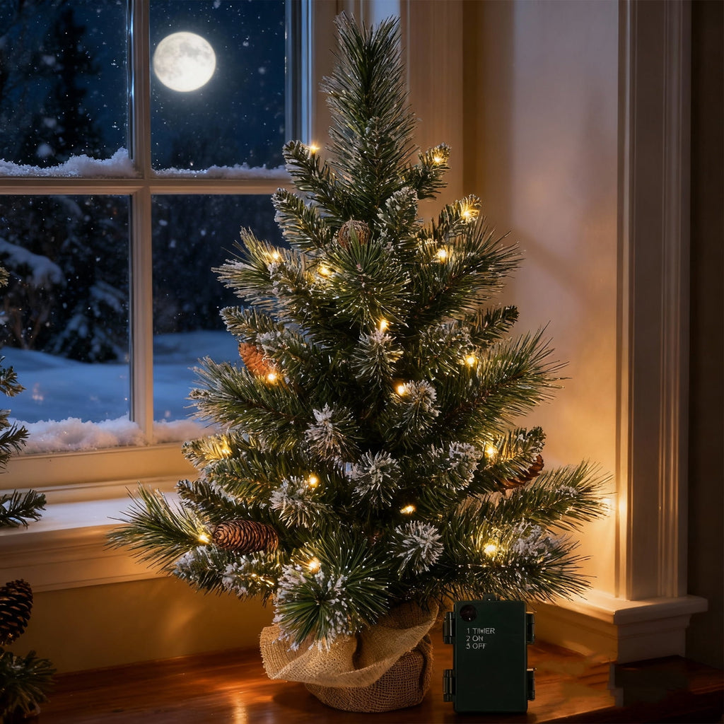 Bringstar 2FT Pre-Lit Artificial Mini Christmas Tree, Snow Tipped Tabletop Xmas Tree with 35 LED Lights, Pine Cones & Burlap Base