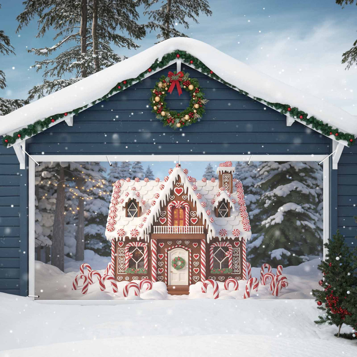 Fsddascl 7 x 16 Ft Christmas Garage Door Cover, Black Christmas Tree Large Garage Door Banner, Xmas Snowflake Green Golden Hanging Garage Mural Background for Indoor Outdoor Xmas Party Supplies