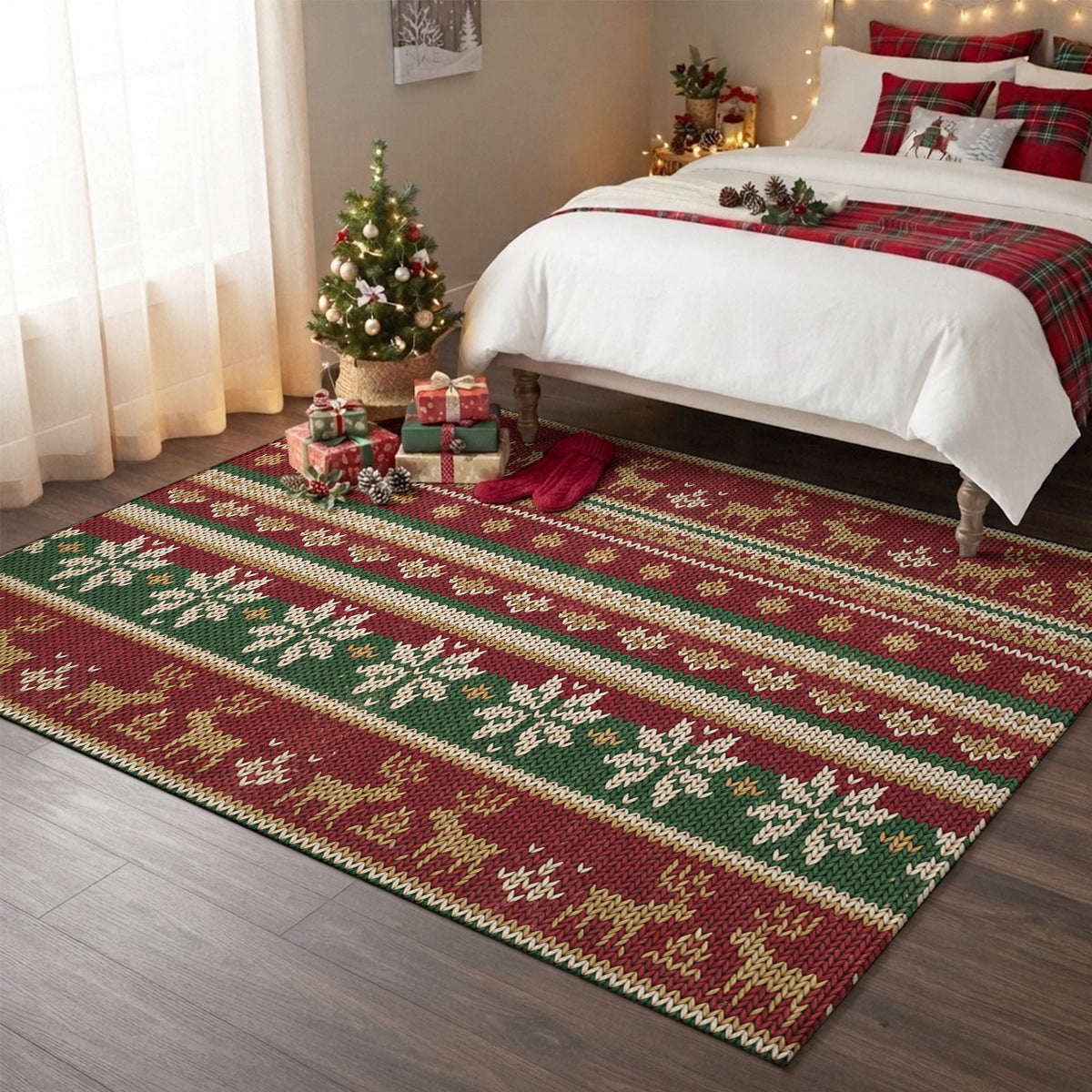 Christmas Washable Area Rug 5x7 Winter Farmhouse Red Green Snowflake Deer Striped Low-Profile Large Area Rugs with Non Slip Backing Indoor Floor Carpet for Entrance Living Room Bedroom Home Office