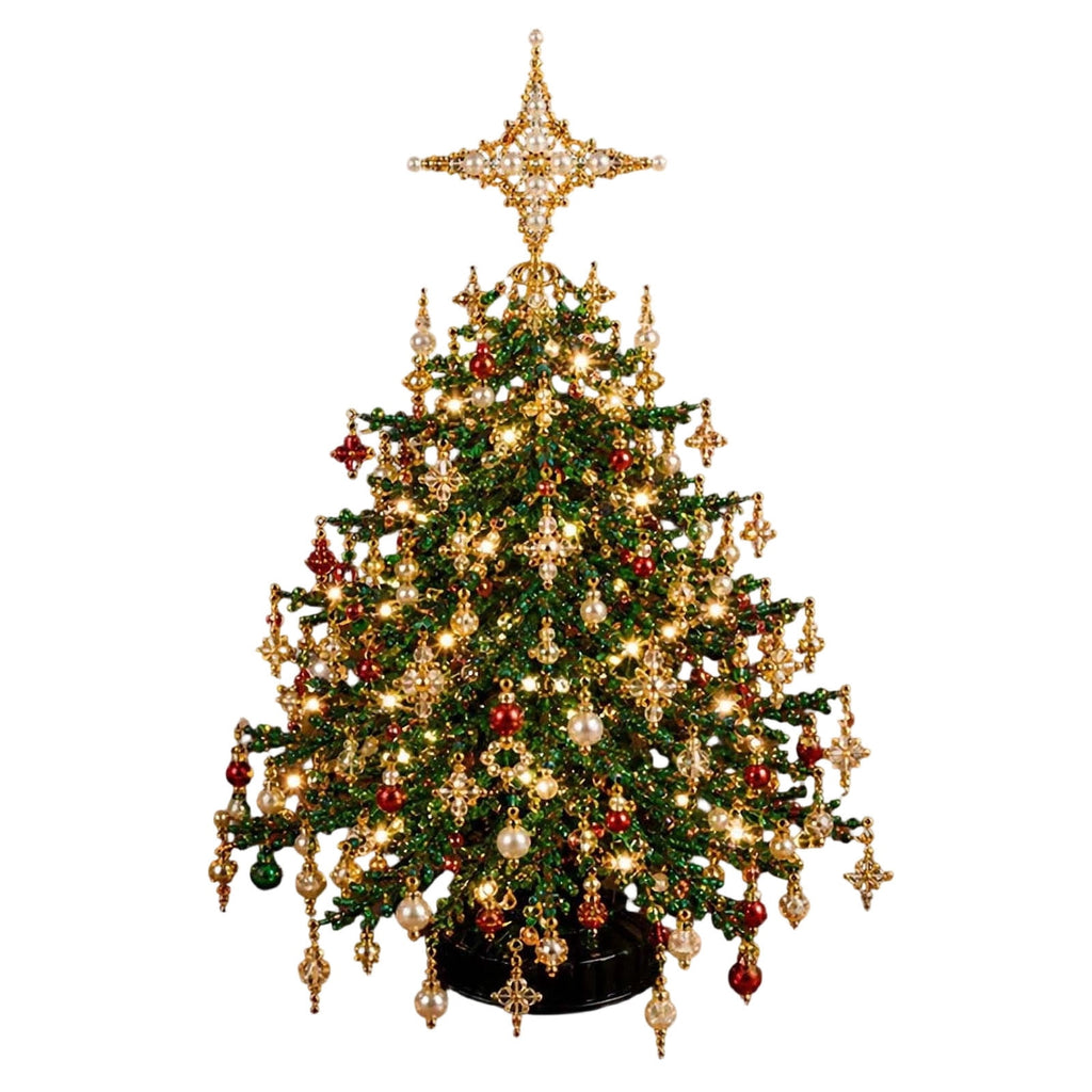 DIY Beaded Christmas Tree Kit - Handmade Mini Tabletop Xmas Tree with Santa Topper, Built-In Warm Lights, Holiday Decor Craft Gift for Adults