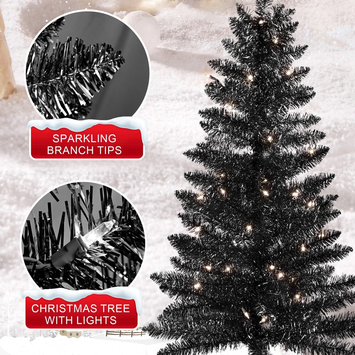 Bringstar 4FT Silver Artificial Christmas Tree with 50 String Lights, Mini Tinsel Tree, Not Pre-Lit, for Halloween & Holiday Home & Office Décor