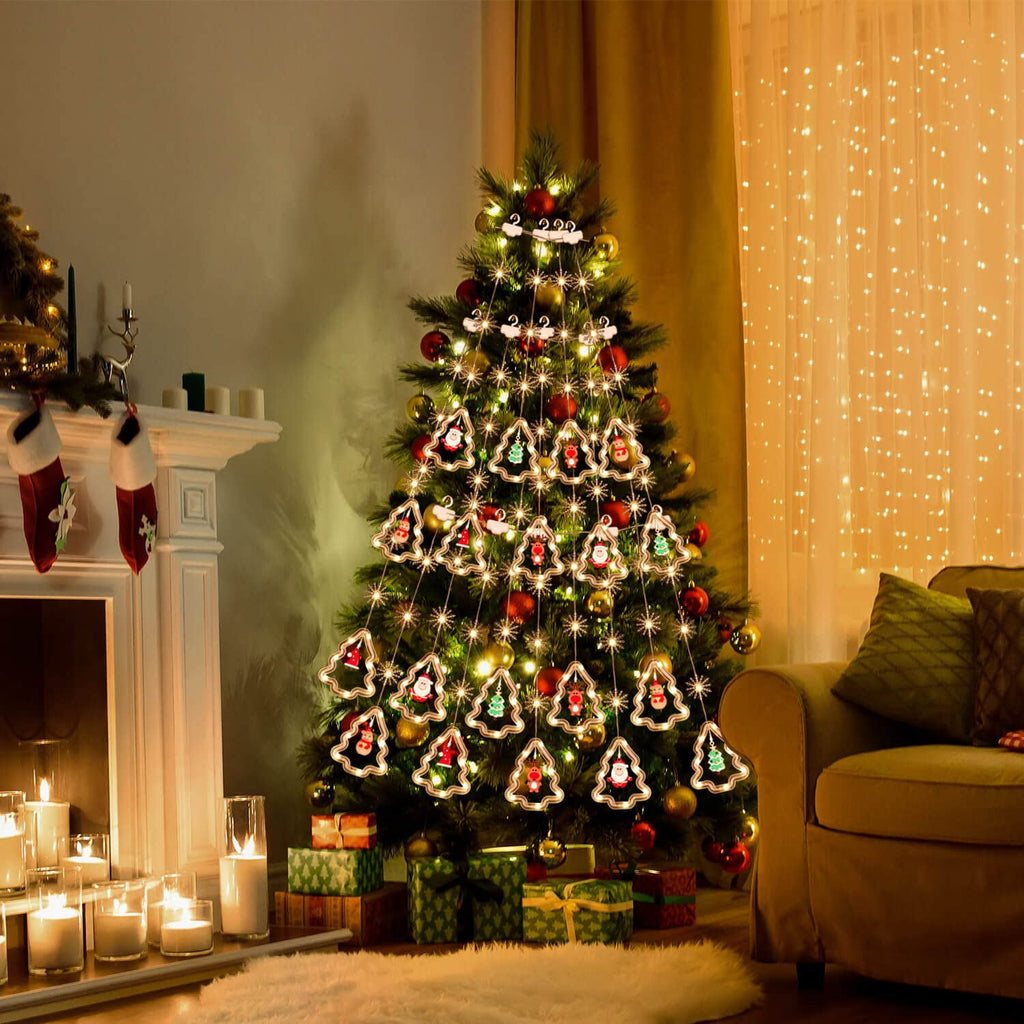 WILLED Christmas String Lights, 120 LED Window Curtain Lights with Christmas Ornaments, 9.8ft USB Powered Warm White Waterproof Fairy Lights Indoor Outdoor for Xmas Tree Patio Garden Party Home Decor