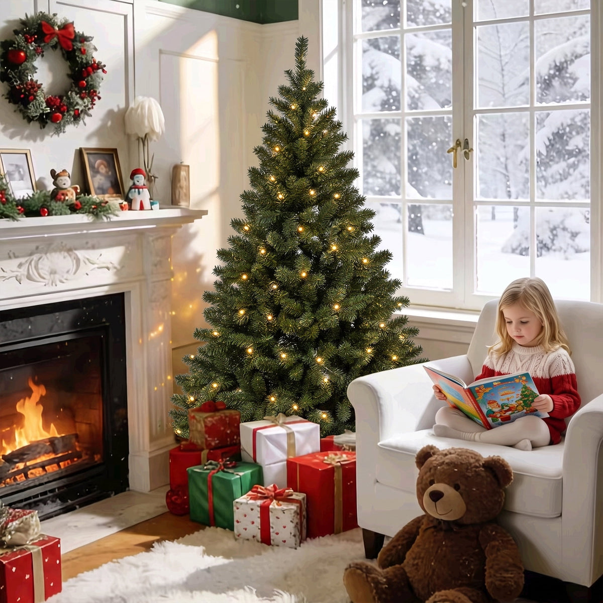 DAYBETTER 8ft Artificial Christmas Tree, 500 Warm White Lights & 1335 Branch Tips, Includes Metal Stand, Indoor/Outdoor Xmas Holiday Decor