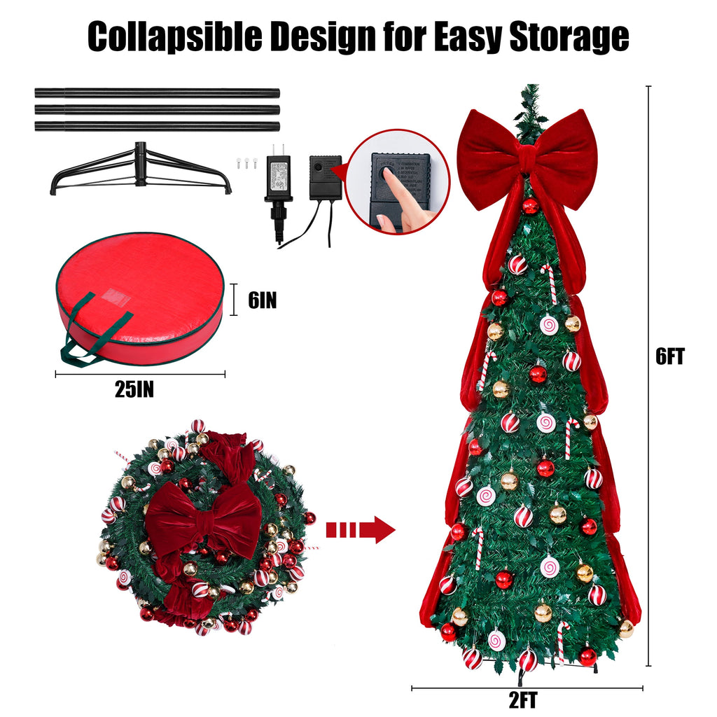 Firstness Christmas Tree 6FT, Pop up Pre Decorated Pre Lit Artificial Xmas Tree with 200 LED Lights, Large Bow & Ornaments, Lighted Christmas Tree with Storage Bag, Easy Installation