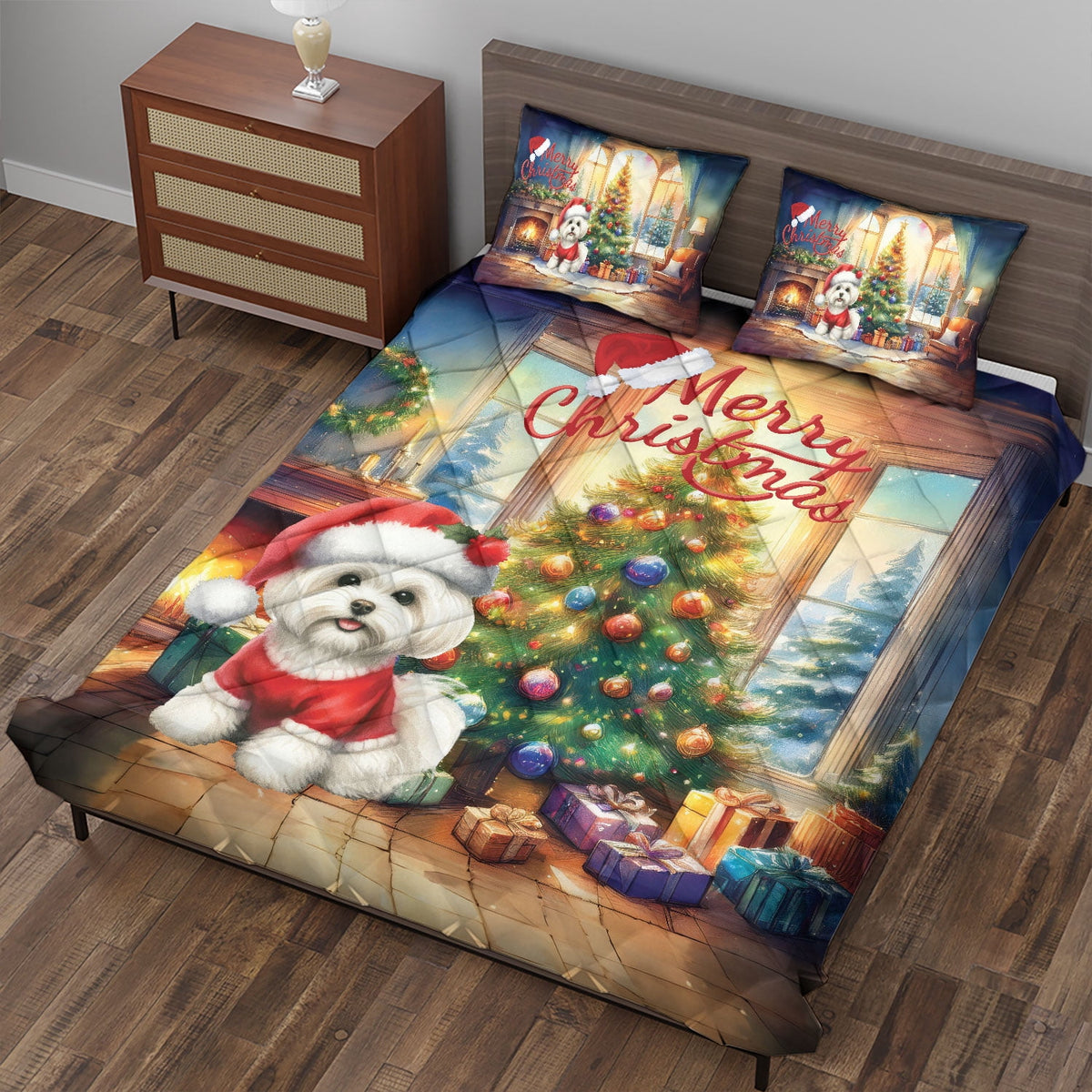 Merry Christmas French Bulldog Santa Hat Xmas Tree Winter Holiday Quilt Bedding Set Dog Lover Gifts 1 Blanket Bed Cover 2 Pillowcases - 01013