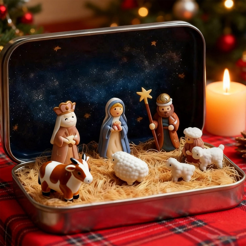 Mini Christmas Nativity Set in a Tin Box, Portable Pocket Birth of Jesus Ornament, Holy Family Sheep and Jesus Figurines, Christmas Interior Decoration for Home Desk, Shelf, Office Decor (3 Set)