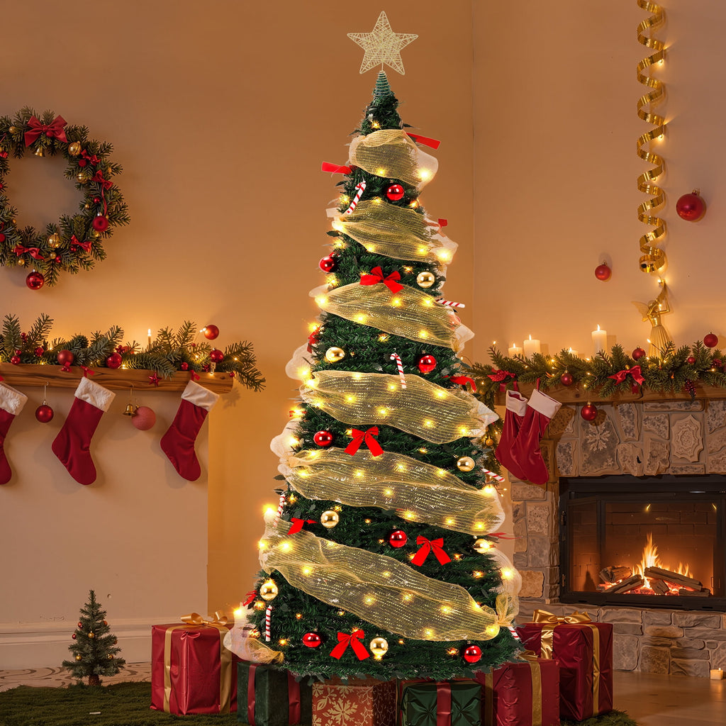 Yexmas 7.5FT Pop-Up Artificial Christmas Tree with 300LED Lights,Green Prelit Christmas Tree with Foldable Base