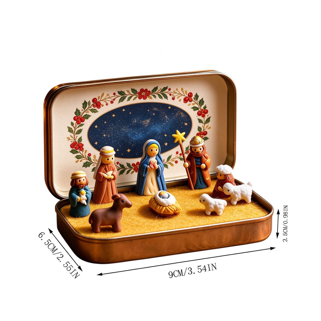 Daghihgewr Mini Christmas Nativity Set Tabletop Tin Box Multicolor Indoor Religious Ornament 1-Count 3.9 x 2.8 x 1.2 Inch