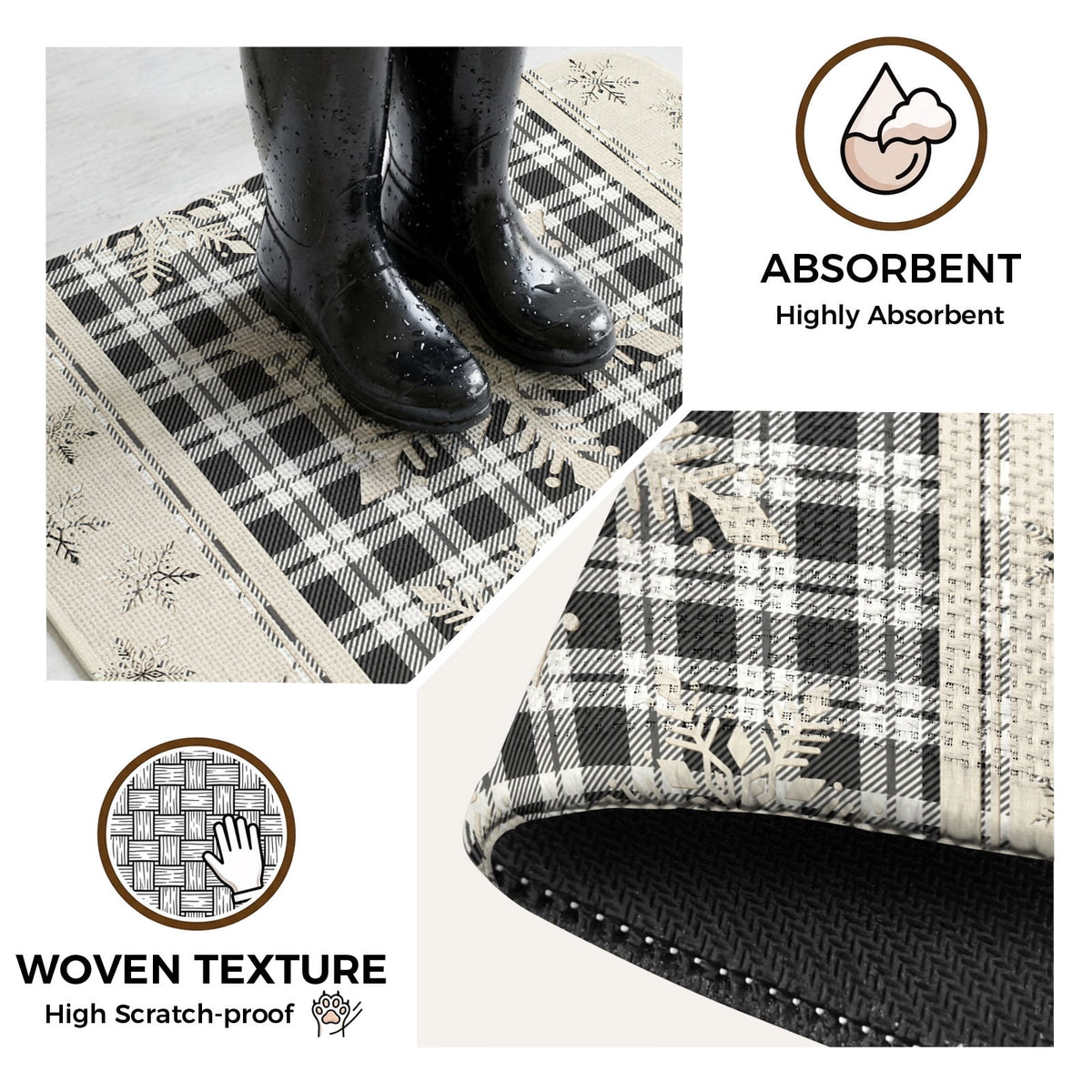 Christmas Snowflake Washable Area Rugs for Living Room Bedroom, Large Non Slip Indoor Floor Carpet Absorbent Low Pile Black Plaid Xmas Winter Rustic Door Mat Rugs for Bathroom Entryway 63"x78.7"