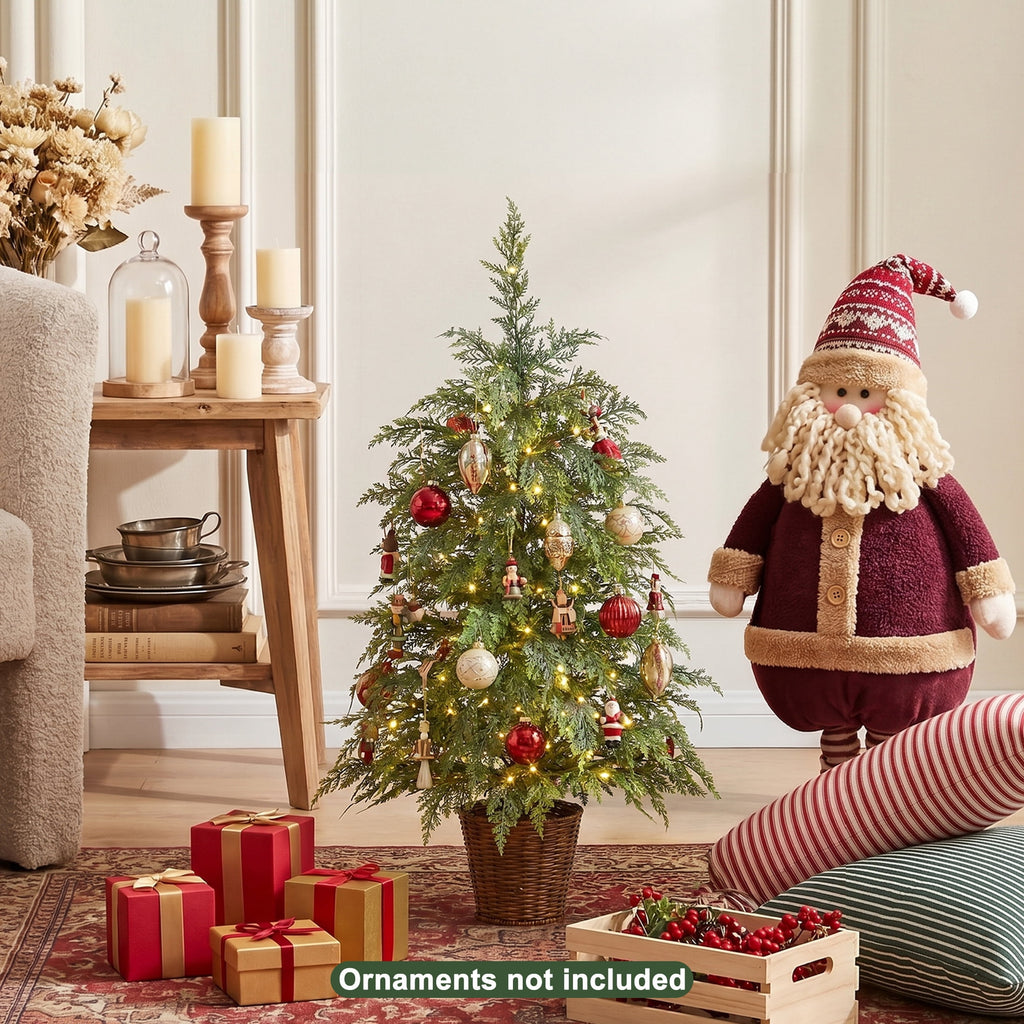 DR.Planzen 24" Pre-Lit Green Cypress Artificial Christmas Tree with 30 Warm White LED Lights, Mini Tabletop Xmas Tree in Woven Basket Base, Indoor Holiday Decoration