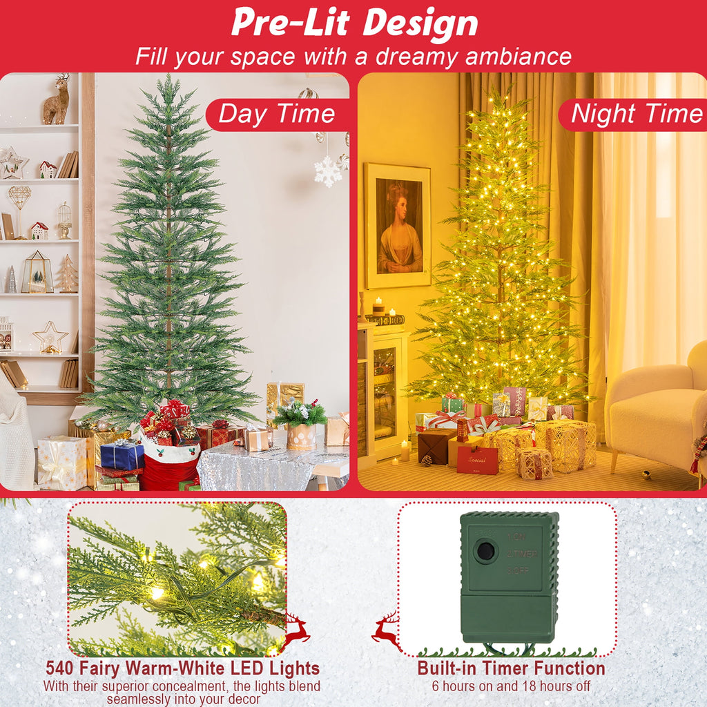 Gymax 7.5 FT Pre-Lit Artificial Christmas Tree Simulated Cypress Xmas Tree w/ Hinges