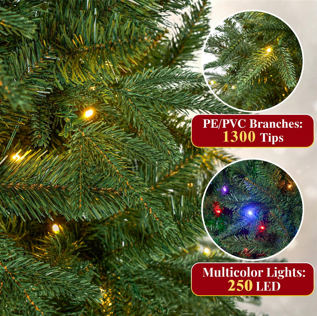 Goosiay 6ft Pre-Lit Christmas Tree, Artificial Aspen Fir Xmas Tree with 1300 PE PVC Branch Tips & Folding Metal Stand, Festive Decoration Tree for Home, Office & Carnival, Green