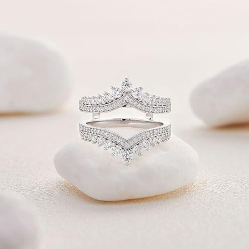 Rag Jewels 14K White Gold Plated 2.30 Ct Round Cut White Diamond Engagement Crown Double Enhancer for Engagement Christmas Thanksgiving Enhancer Guard Wrap Ring 925 Sterling Silver For Women's -4.5