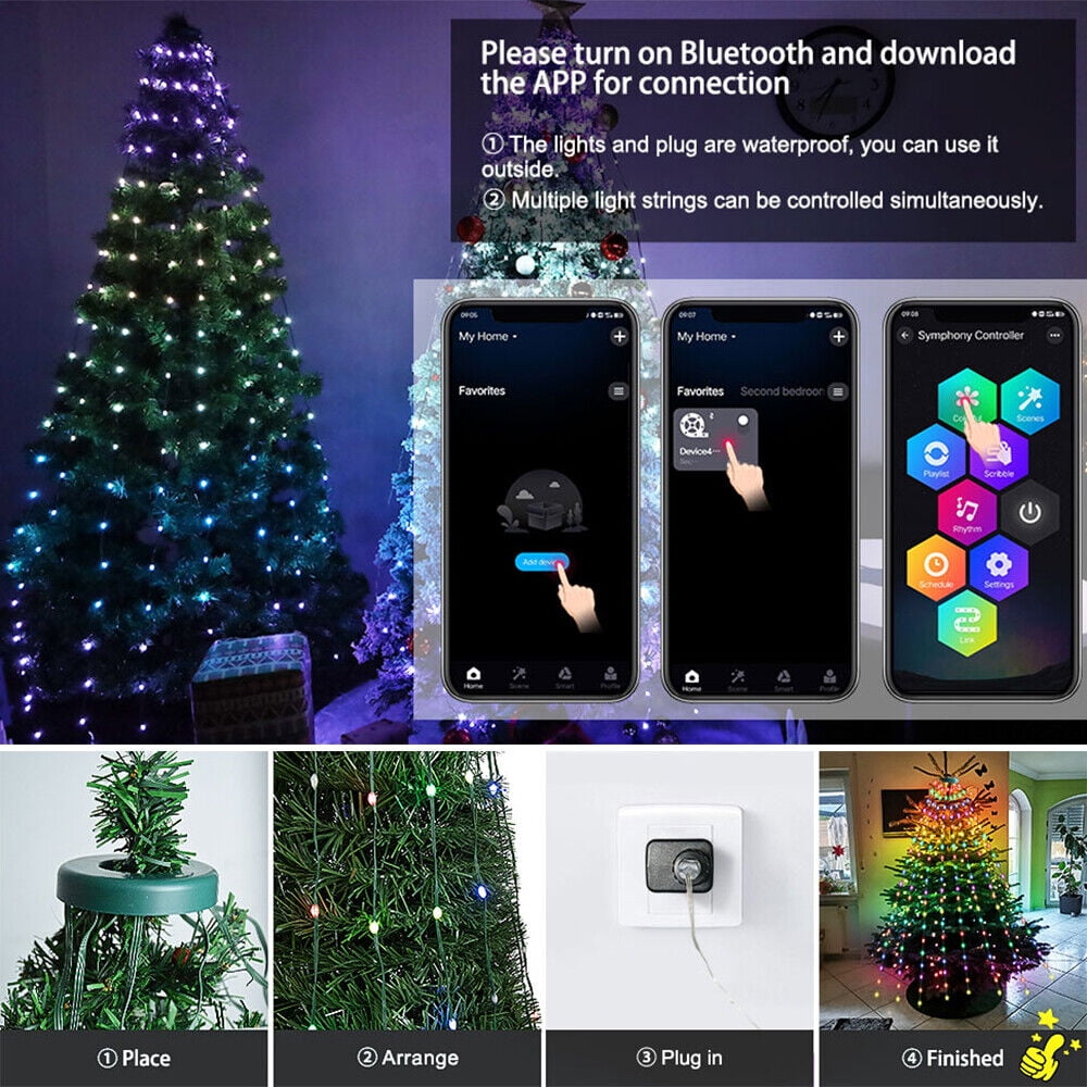 IC ICLOVER Christmas Tree String Lights Decorations with Ring Smart APP, 400 LED Waterfall Lights IP65 Waterproof Multi-Modes with Remote Color Changing Lights for Wedding Yard Party Home Holiday