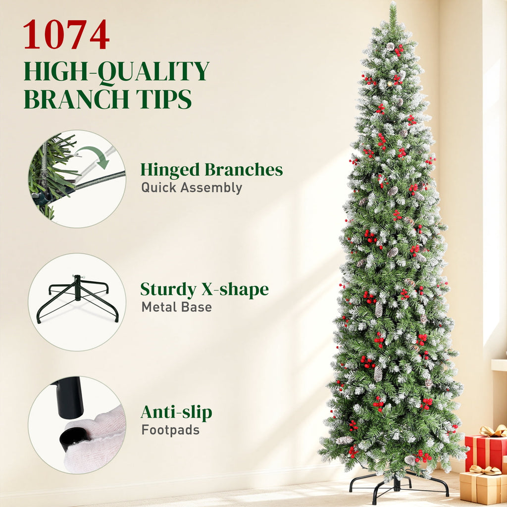 Aufeile 6ft Pencil Christmas Tree, Slim Pre-Lit Xmas Tree, 200 LED Lights, 600 Hinged Tips, Pine Cones, Berries, Metal Stand