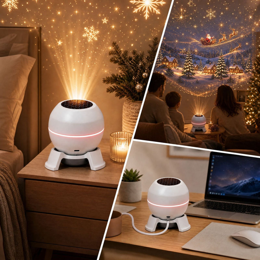 Magical Christmas Projection Night Light, USB Powered Holiday Projector with Festive Wall and Ceiling Effects for Bedroom, Living Room and Christmas Party Ambiance