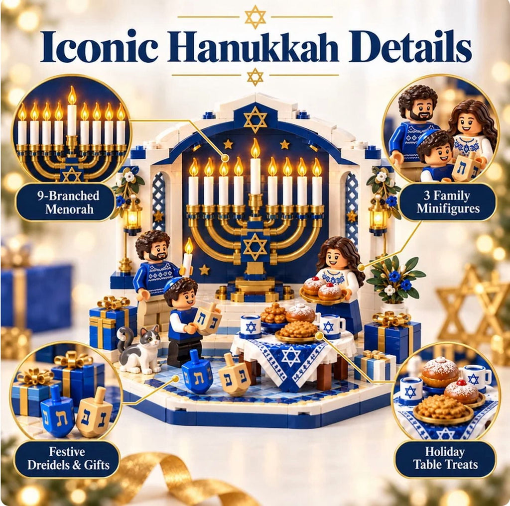 Hanukkah Family Light Building Block Display Set, Lighted Buildable Holiday Decor with Detailed Mini Figures, Seasonal Symbols and Tabletop Display Design, Hanukkah Family