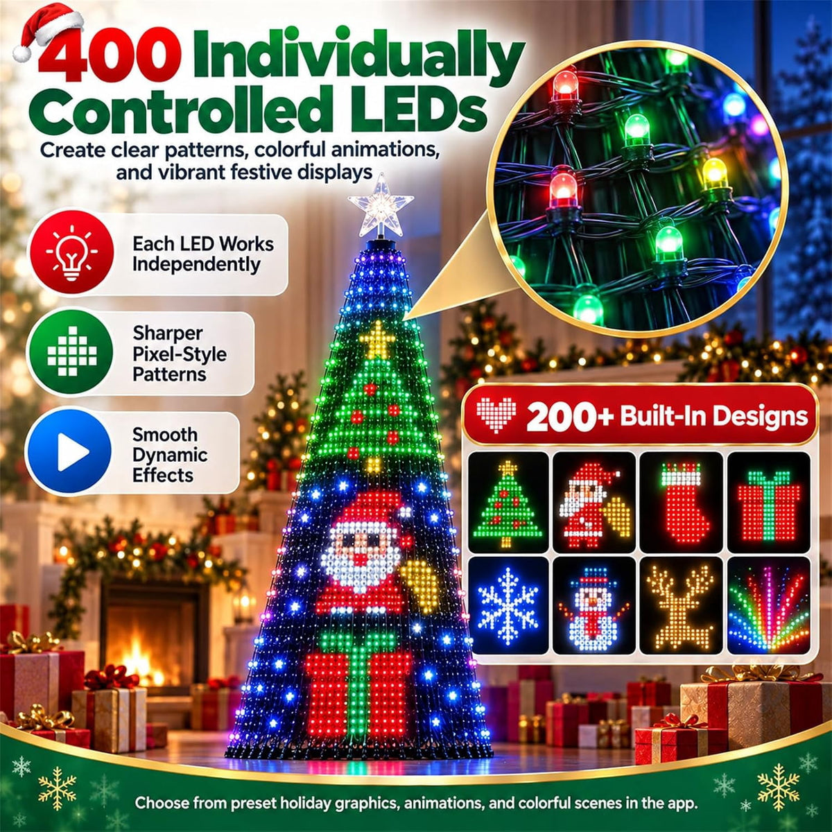 Smart Christmas Tree Lights with App Control,DIY Animation Effects,IP65 Waterproof for Indoor Xmas Tree Decor