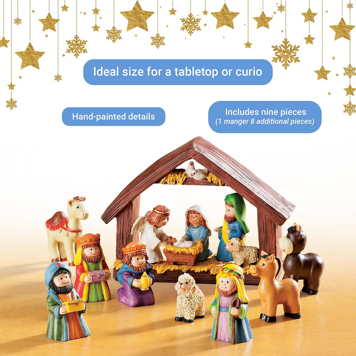 Holiday Peak Handpainted Resin Tabletop Nativity Scene - Set Includes 5"x6" Manger, Plus 8 Nativity Pieces - Perfectly Sized Christmas Decoration