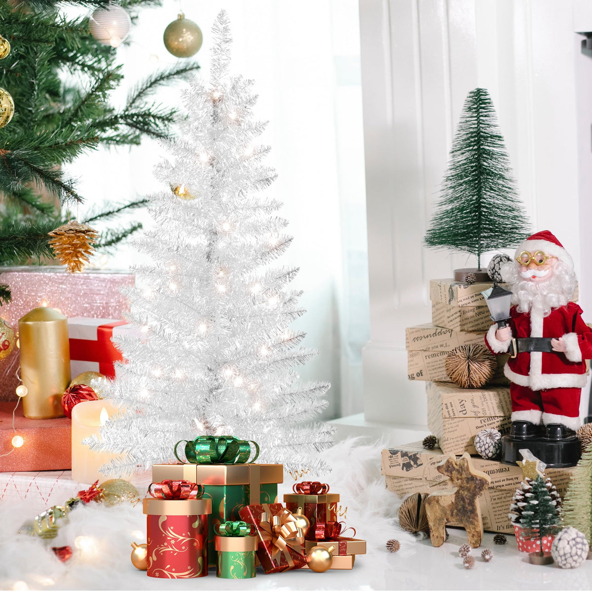 Bringstar 4FT Silver Artificial Christmas Tree with 50 String Lights, Mini Tinsel Tree, Not Pre-Lit, for Halloween & Holiday Home & Office Décor