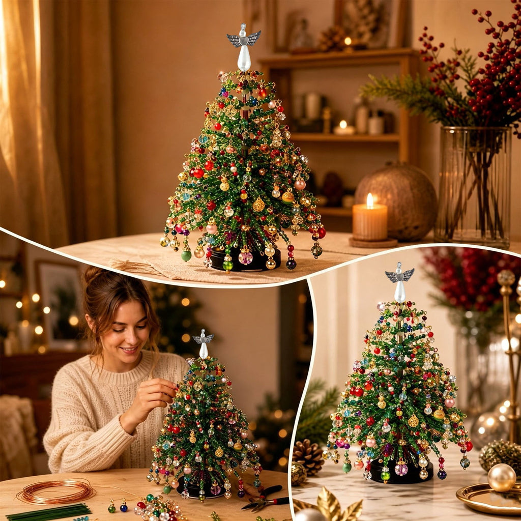 DIY Beaded Christmas Tree Kit - Handmade Mini Tabletop Xmas Tree with Santa Topper, Built-In Warm Lights, Holiday Decor Craft Gift for Adults