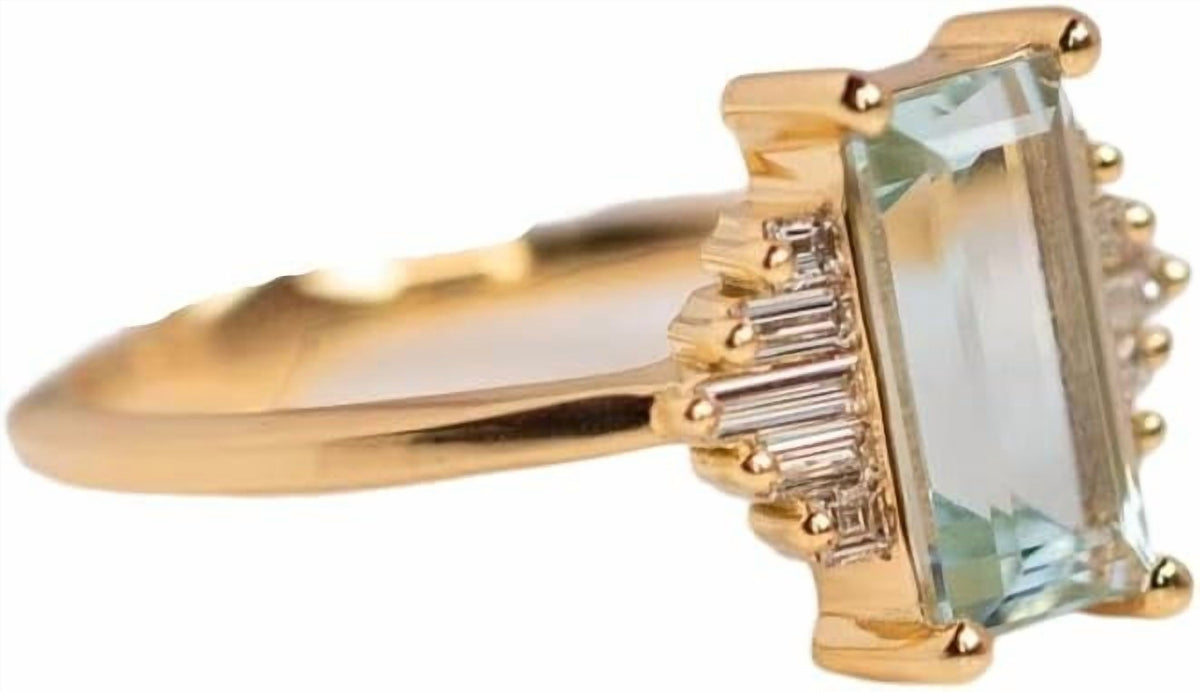 Baguette CZ Ring, Natural Aquamarine Cocktail Ring, Aquamarine Gemstone Ring, March Birthstone, Womens Ring, Wedding Ring, Gift For Her, Christmas Ring, Solitaire, Yellow Gold Micron Ring