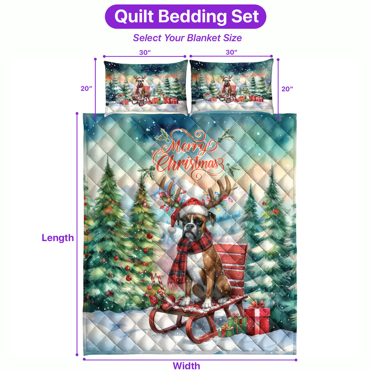 Merry Christmas Santa Reindeer Antlers French Bulldog Sleigh Xmas Winter Holiday Quilt Bedding Set Dog Lover Gifts 1 Blanket Bed Cover 2 Pillowcases - 00023