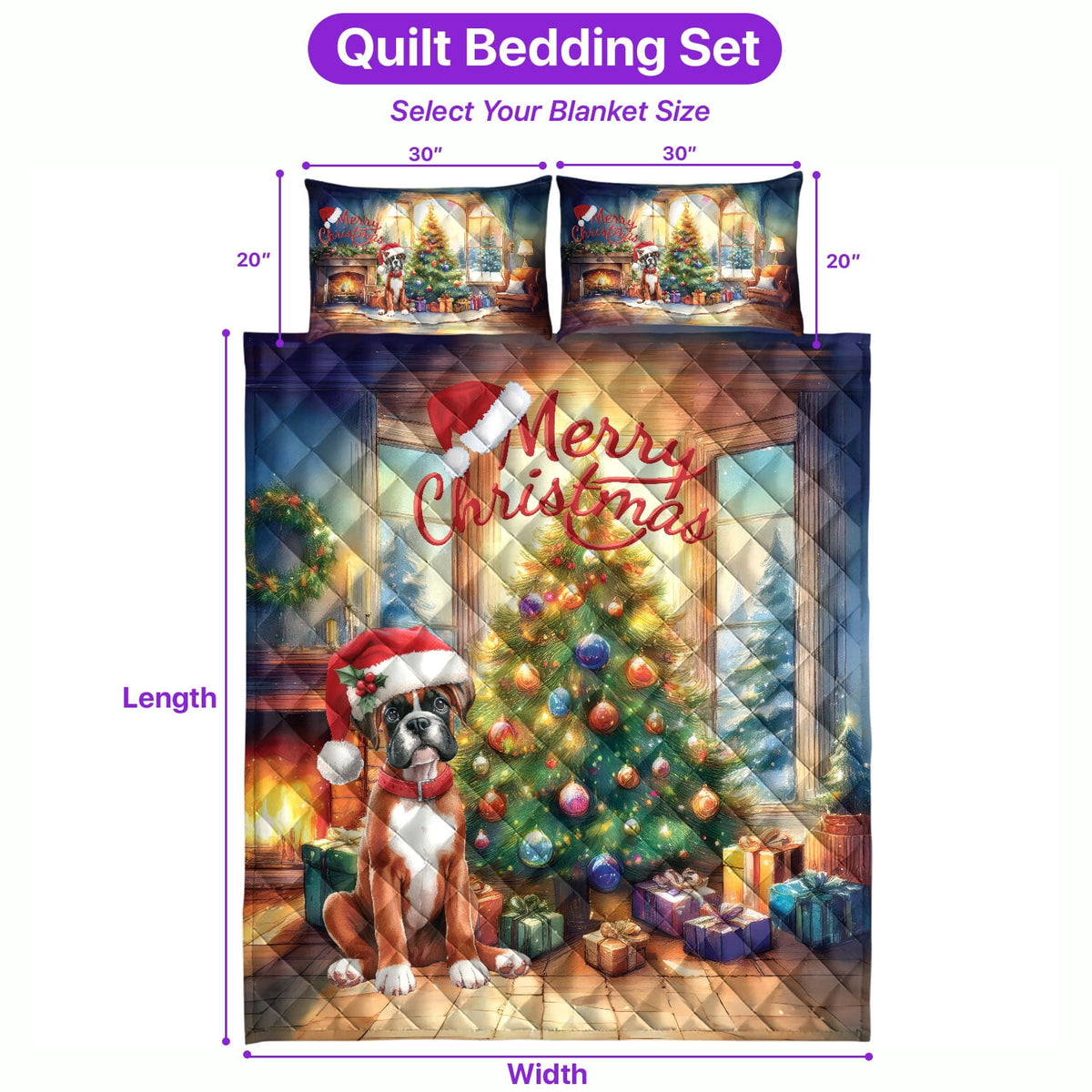 Merry Christmas French Bulldog Santa Hat Xmas Tree Winter Holiday Quilt Bedding Set Dog Lover Gifts 1 Blanket Bed Cover 2 Pillowcases - 01013