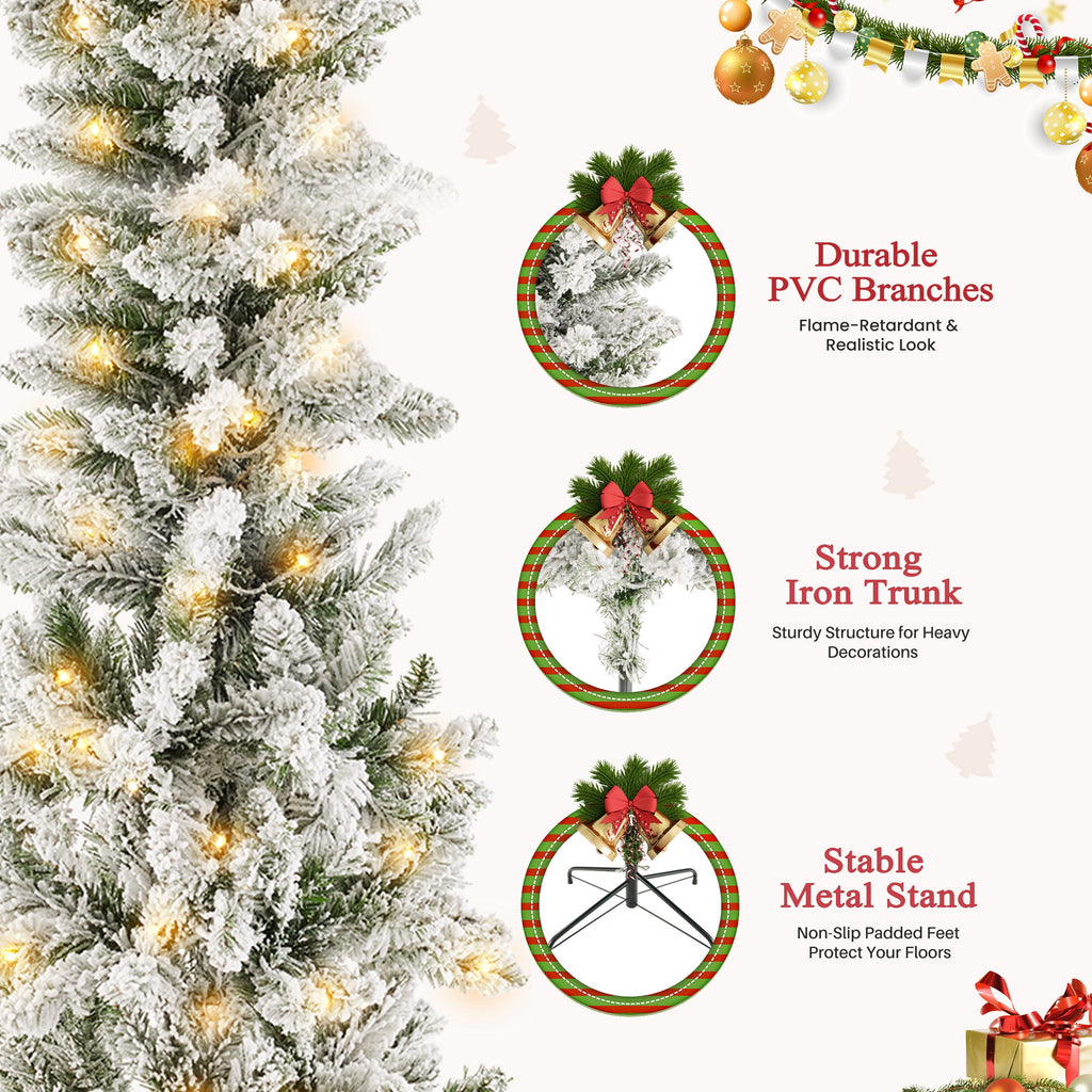 edx 6ft Pre-lit Pencil Christmas Tree, Green Artificial Spruce Slim Christmas Trees, With 250 LED Lights, 571 Branch Tips & Foldable Base, For Home, Office, Party Decoration