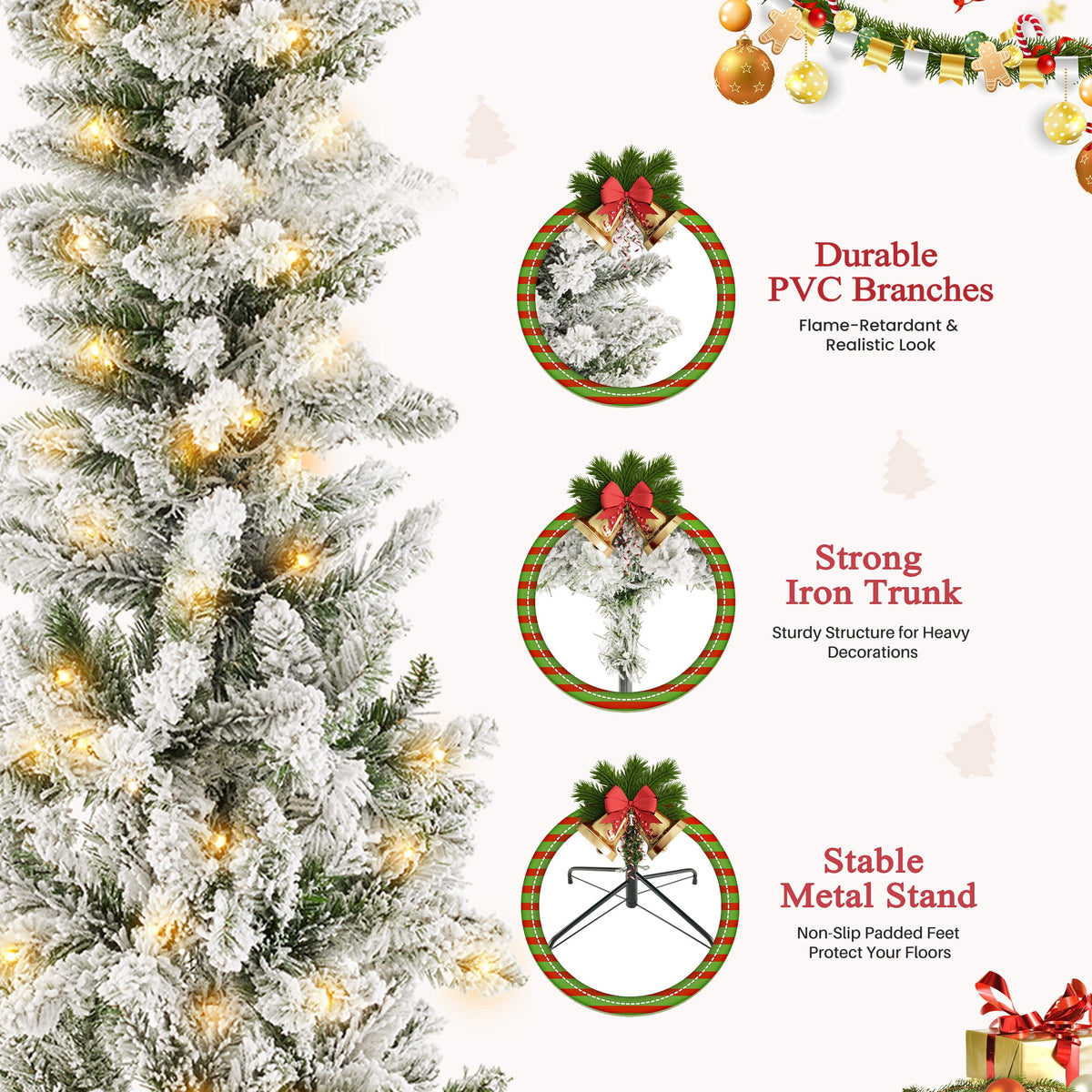edx 6ft Pre-lit Pencil Christmas Tree, Green Artificial Spruce Slim Christmas Trees, With 250 LED Lights, 571 Branch Tips & Foldable Base, For Home, Office, Party Decoration