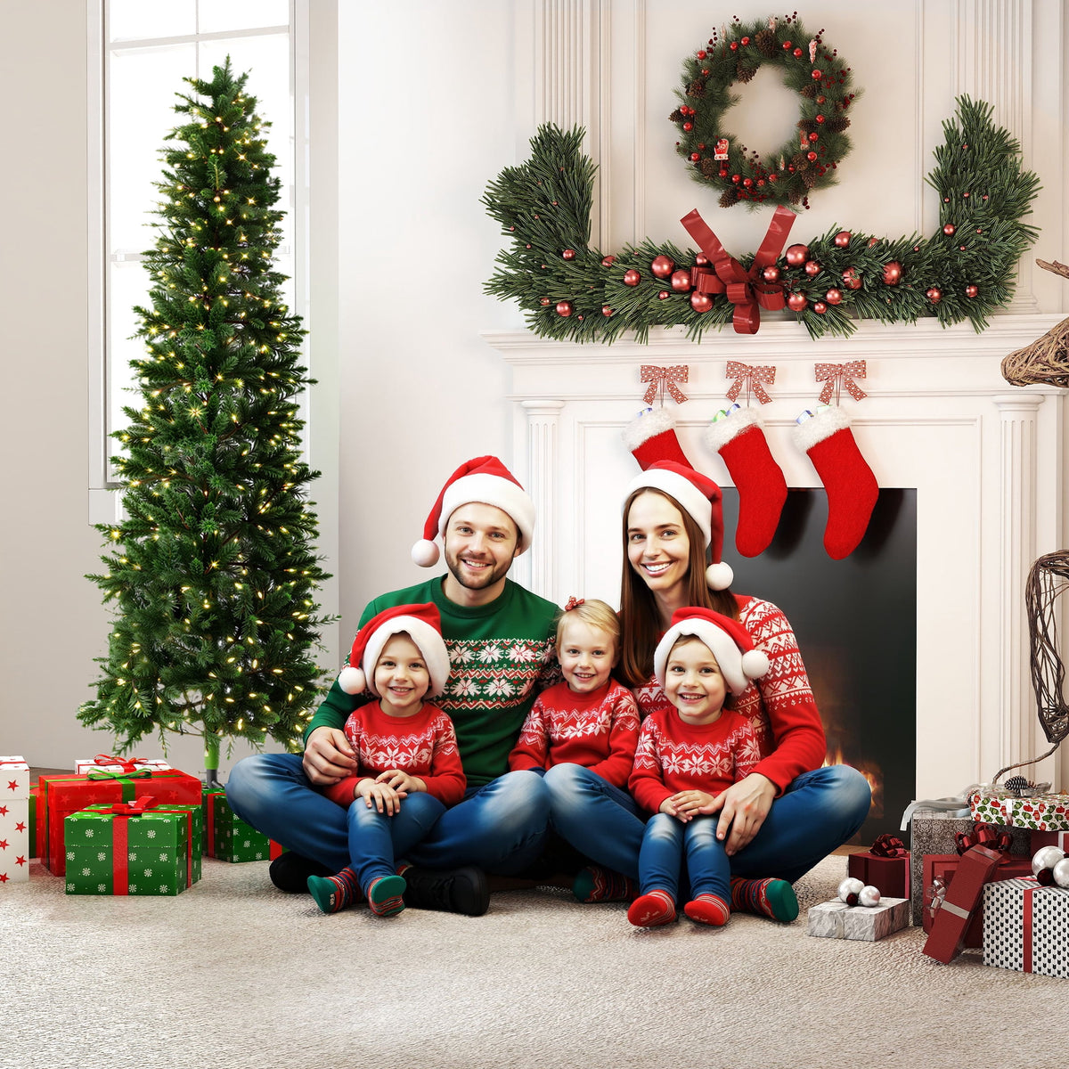 edx 6ft Pre-lit Pencil Christmas Tree, Green Artificial Spruce Slim Christmas Trees, With 250 LED Lights, 571 Branch Tips & Foldable Base, For Home, Office, Party Decoration