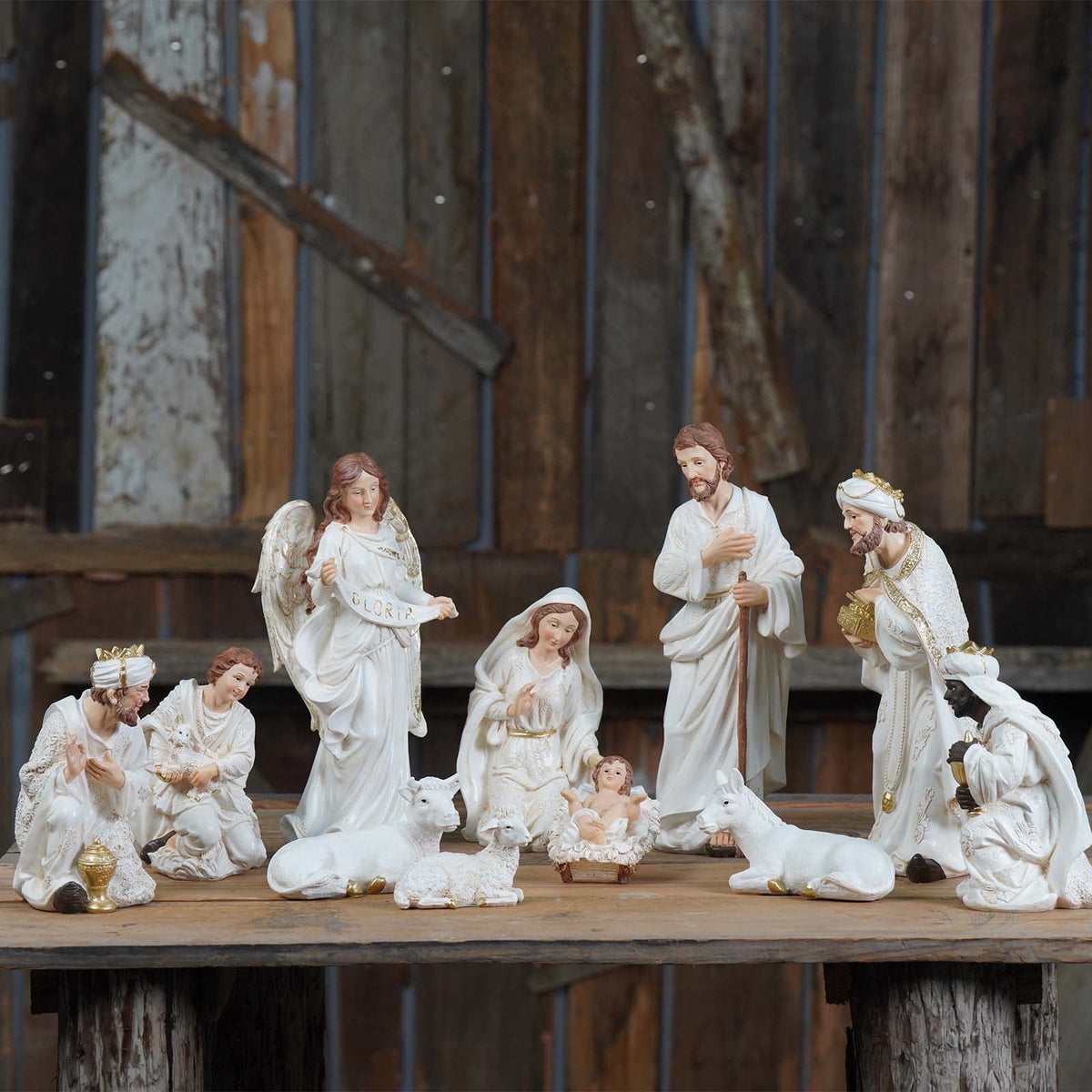 Nativity Set Christmas Indoor 8.25 inch 11 Pcs Scene Statue Figurines Jesus Manger Crib Gift Catholic Religious Decor