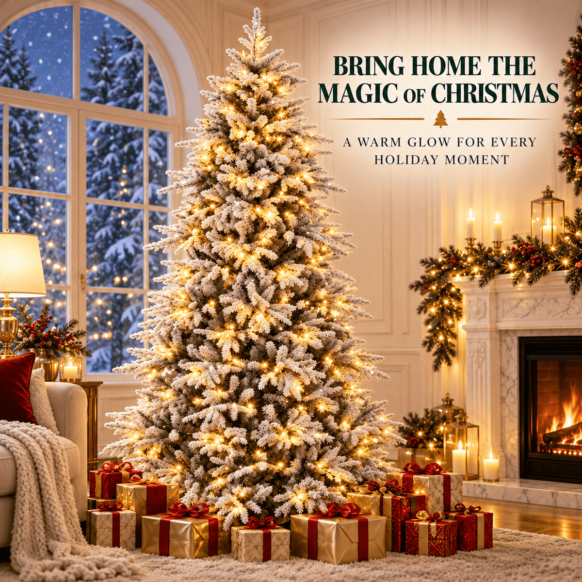 Vebreda 6ft Pre-Lit Flocked Artificial Aspen Noble Fir Christmas Tree with 1,350 Branch Tips & 300 LED Lights, Hinged Artificial Holiday Tree with Metal Stand