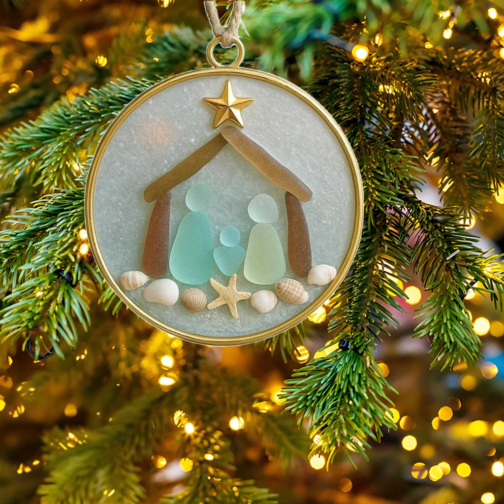 DAMAI Sea Glass Nativity Christmas Ornament,Hanging Sea Glass Nativity Christmas Tree Decoration,Coastal Inspired Sea Glass Nativity Ornament,Handmade Nativity Scene, with Shells and Starfish