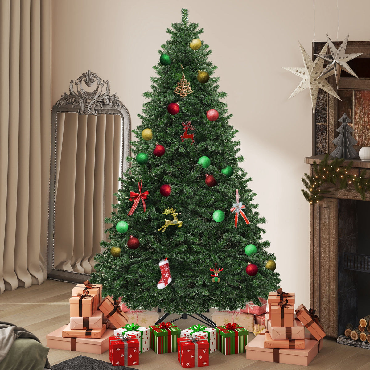 Dextrus 6ft Artificial Christmas Tree, Spruce Holiday Christmas Pine Tree with 880 Branch Tips & Metal Hinges, for Home, Office and Party Decor, Green