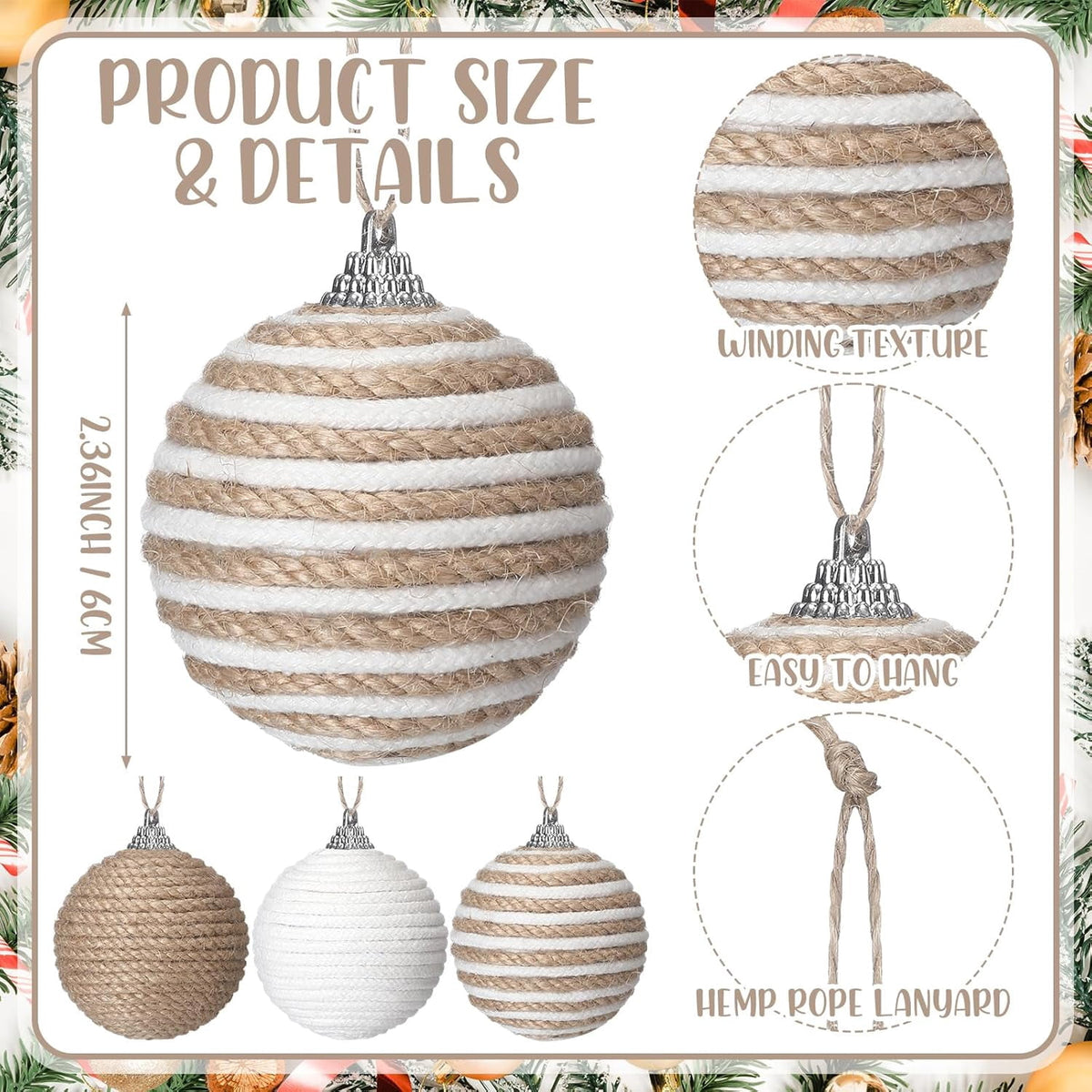 9Pcs 9 Pcs 2.36 Inch Christmas Ball Ornaments Farmhouse Jute Rope Hanging Balls Burlap Neutral Rustic Ornaments for Xmas Tree Holiday Wreath Garland Wedding Home(White,Beige,Dark Brown)