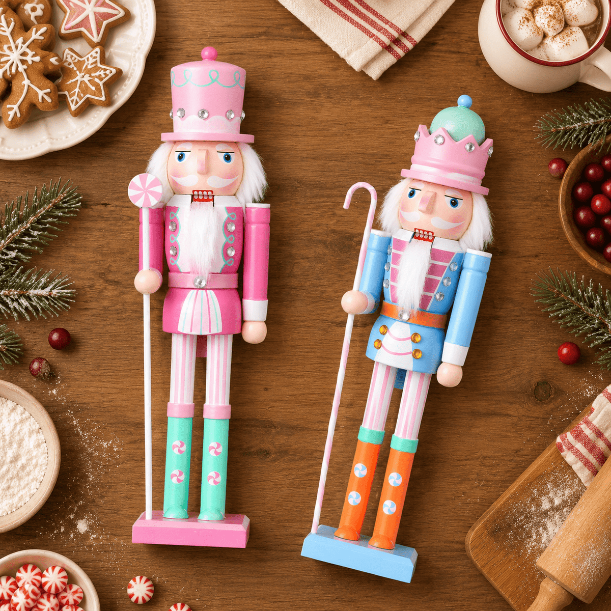 15'' Wooden Pastel Nutcracker Soldier Figures, Set of 2, Traditional Christmas Desktop Decor