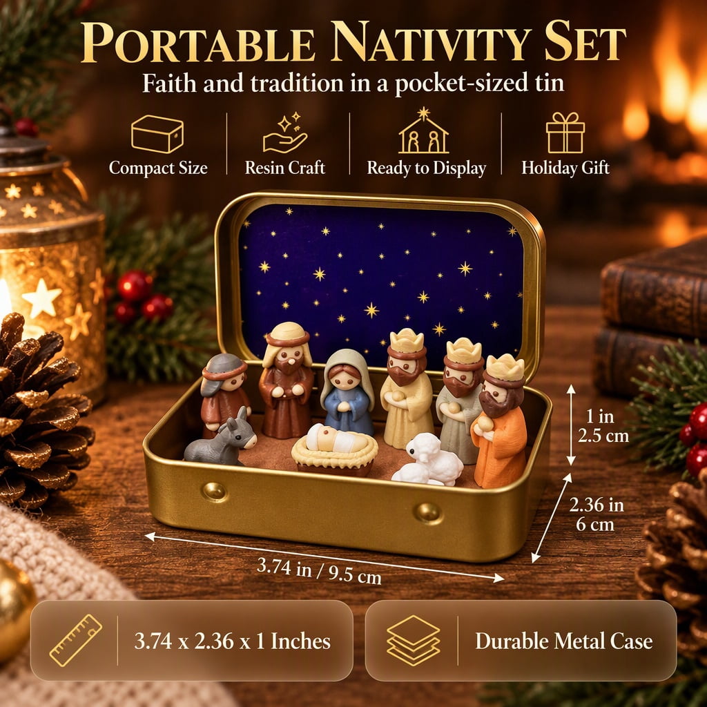 Mini Christmas Nativity Set in a Tin Box – Pocket Size Religious Scene with Handcrafted Resin Figures, Portable Display Case for Desk & Shelf