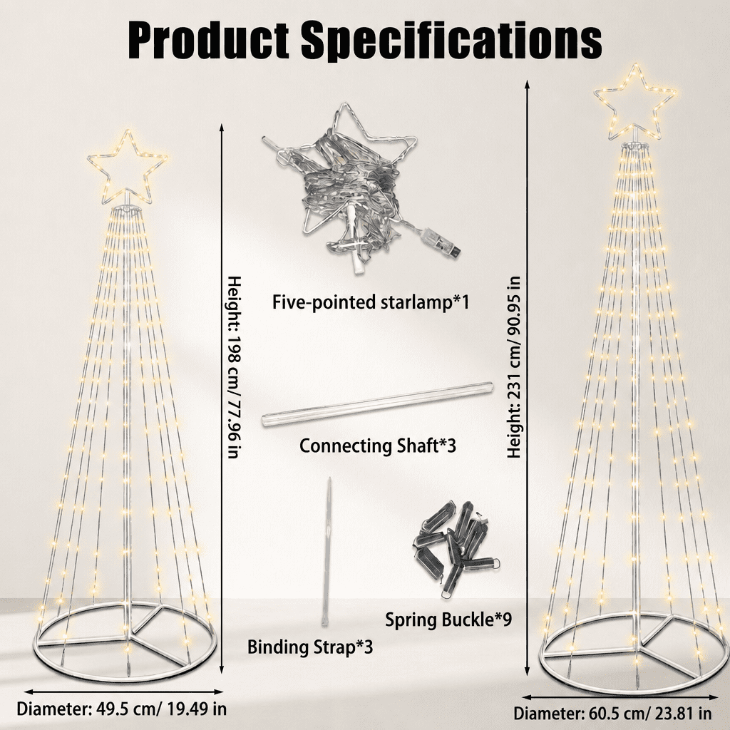 1 Pack 8 lighting modes Dimmable Warm White LED Waterfall Cone Christmas Tree with Star Topper, Metal Stand, USB & Adapter Included, Pre-lit Lighted Xmas Tree for Indoor Outdoor Holiday Yard Decor