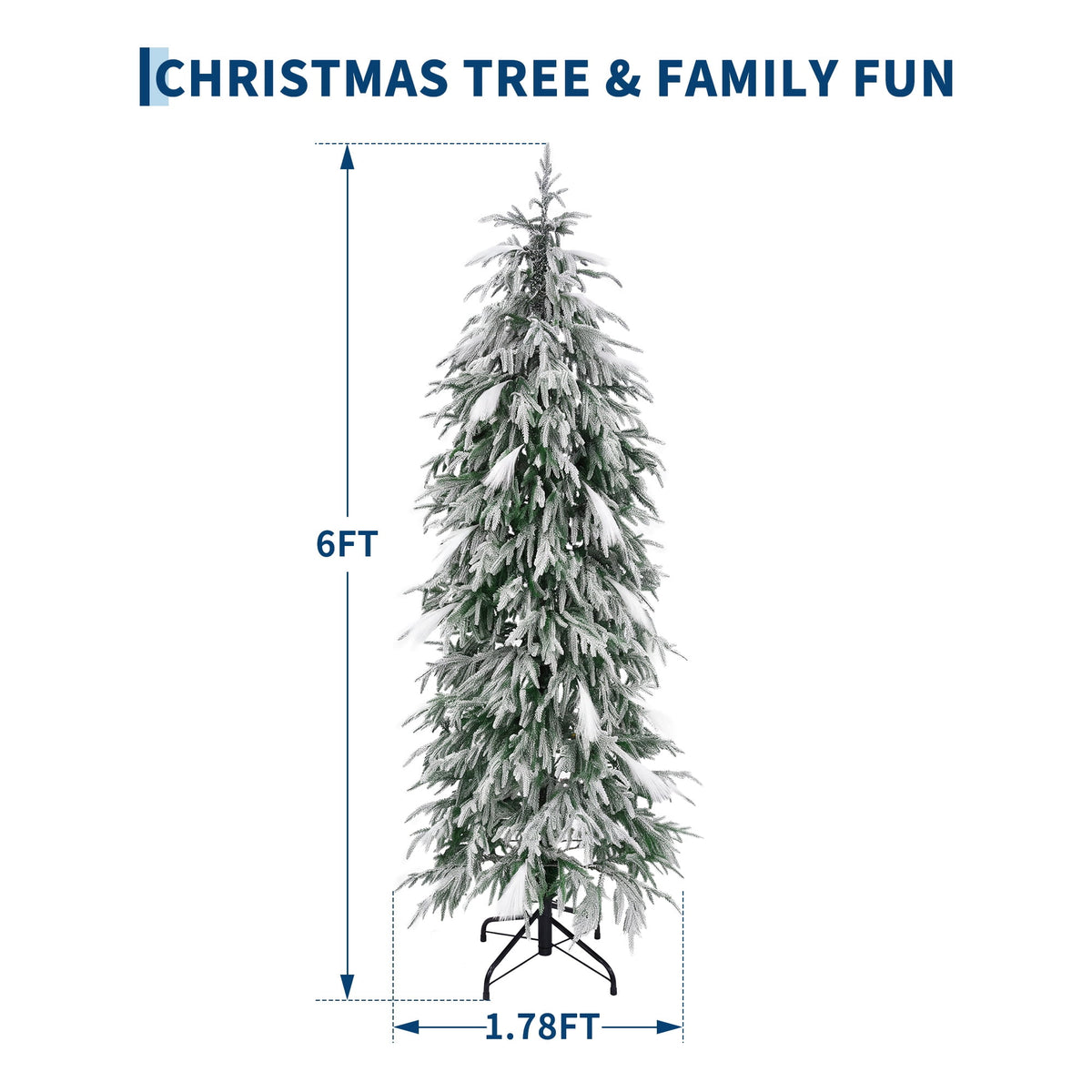 6 ft Flocked Slim Pencil Christmas Tree with LEDs, Pre-Lit Artificial Xmas Tree, 355 Branch Tips, 200 Warm Lights, Metal Base, Green PE for Home Office Holiday Decor